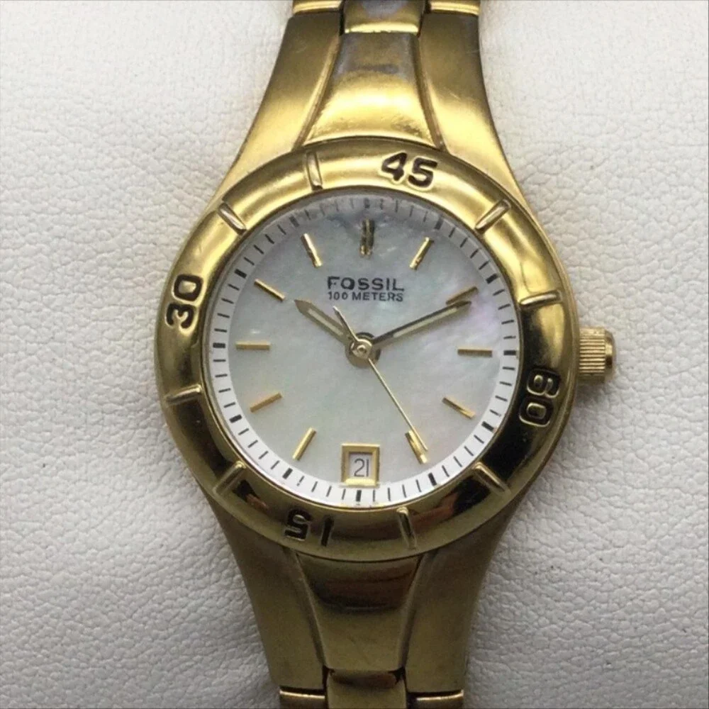 Fossil AM-3859 Womens Watch 25mm White MOP Dial Gold Tone Date New Battery 6